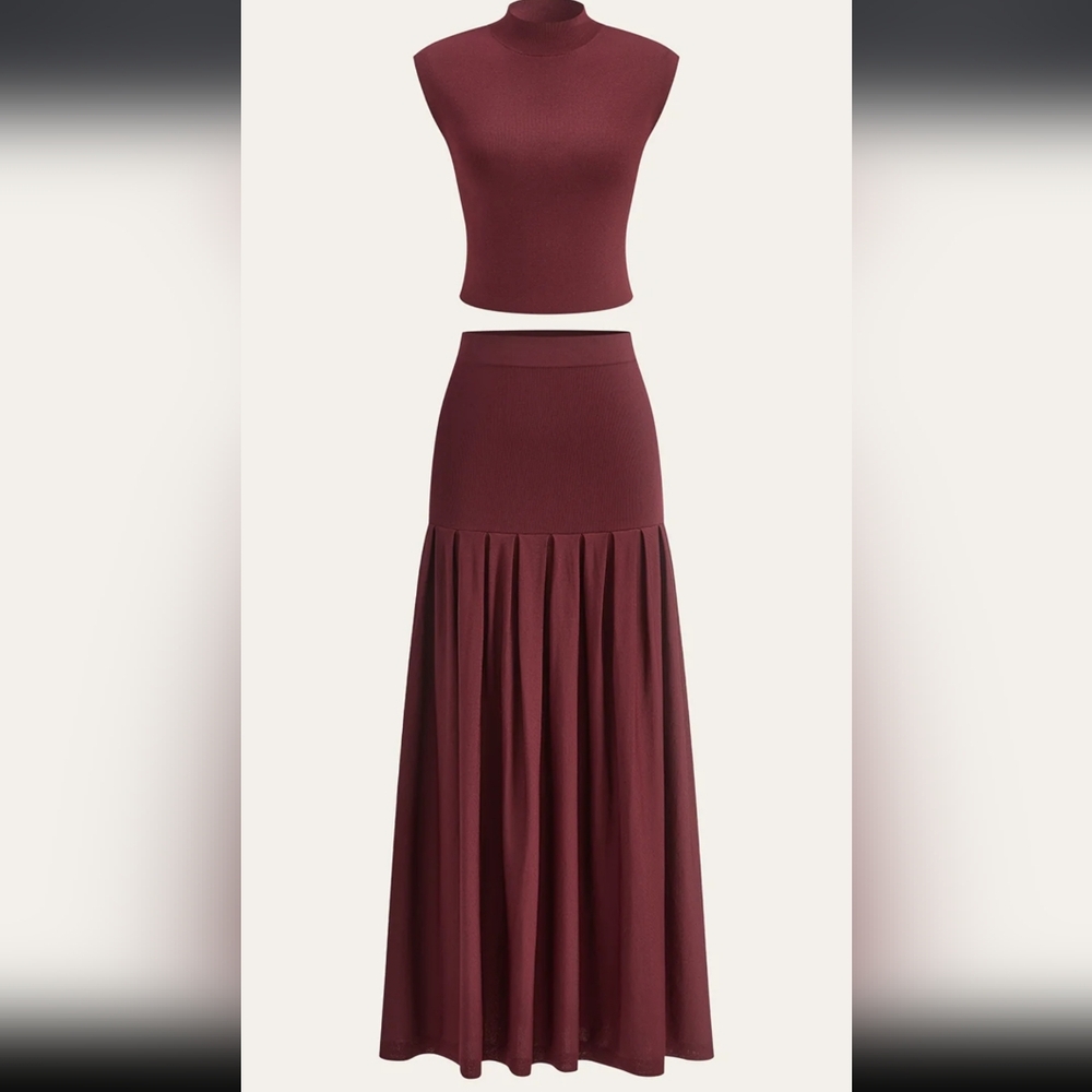 NWT Commense Mock Neck Sleeveless Top and Pleated Midi Skirt Set Red Burgundy S - Picture 5 of 6